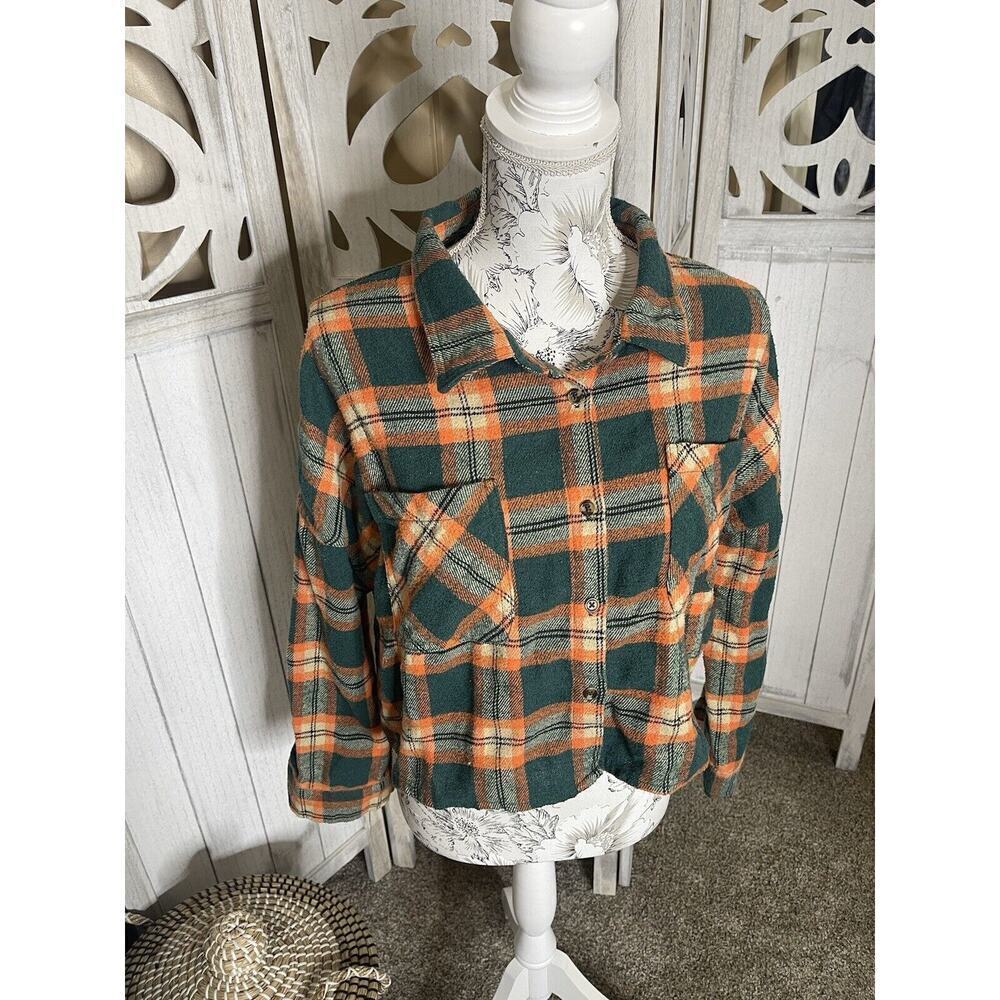 Mila And Tiff Cropped Plaid Flannel Shacket Button Down Long Sleeve Large